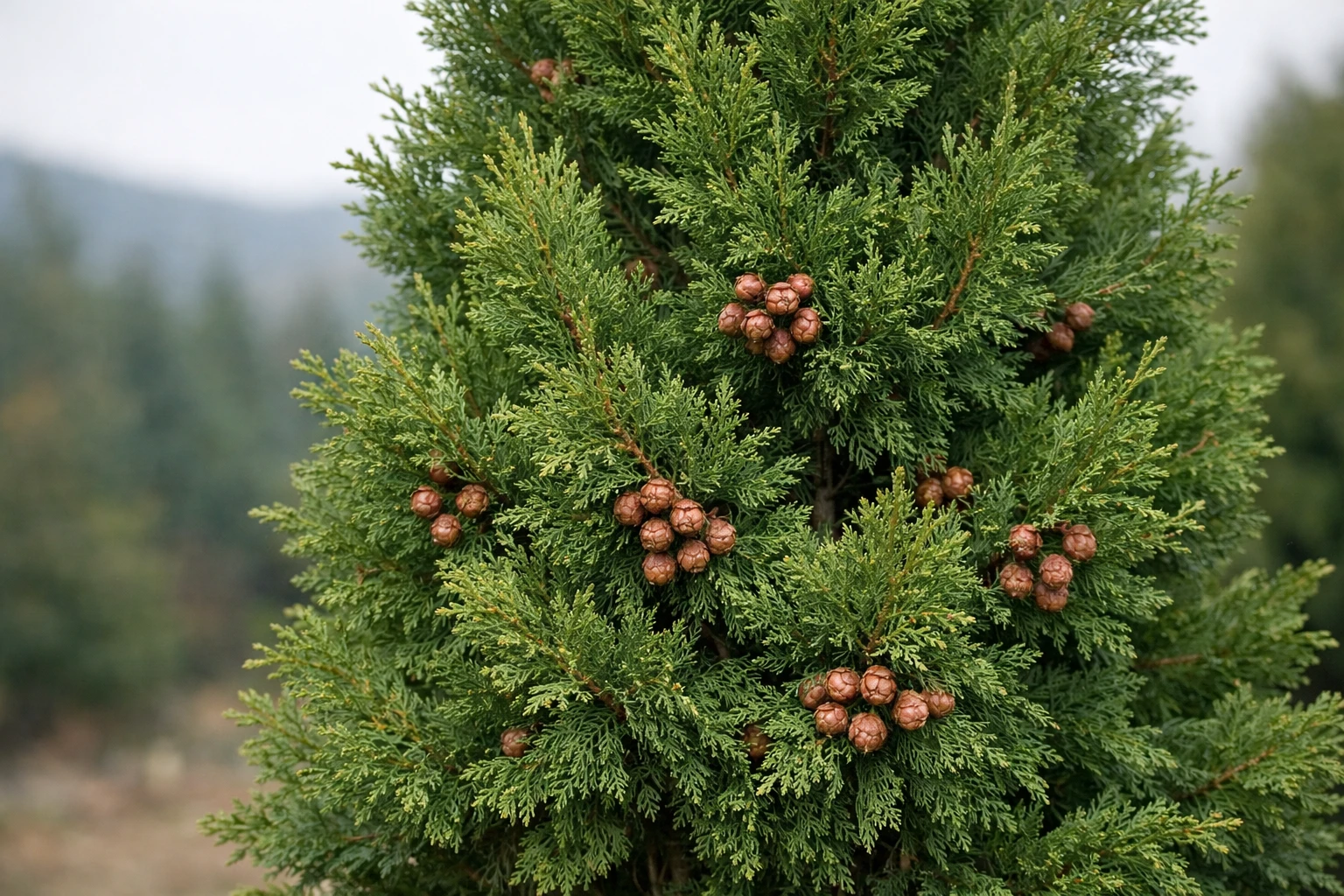 Creation by lad0305: A realistic photograph of a cypress tree (Chamaecyparis), horizontal composition, lush deep green evergreen foliage, natural outdoor setting, soft winter light, detailed branches and leaves, calm and serene atmosphere, high resolution, shallow depth of field, no text