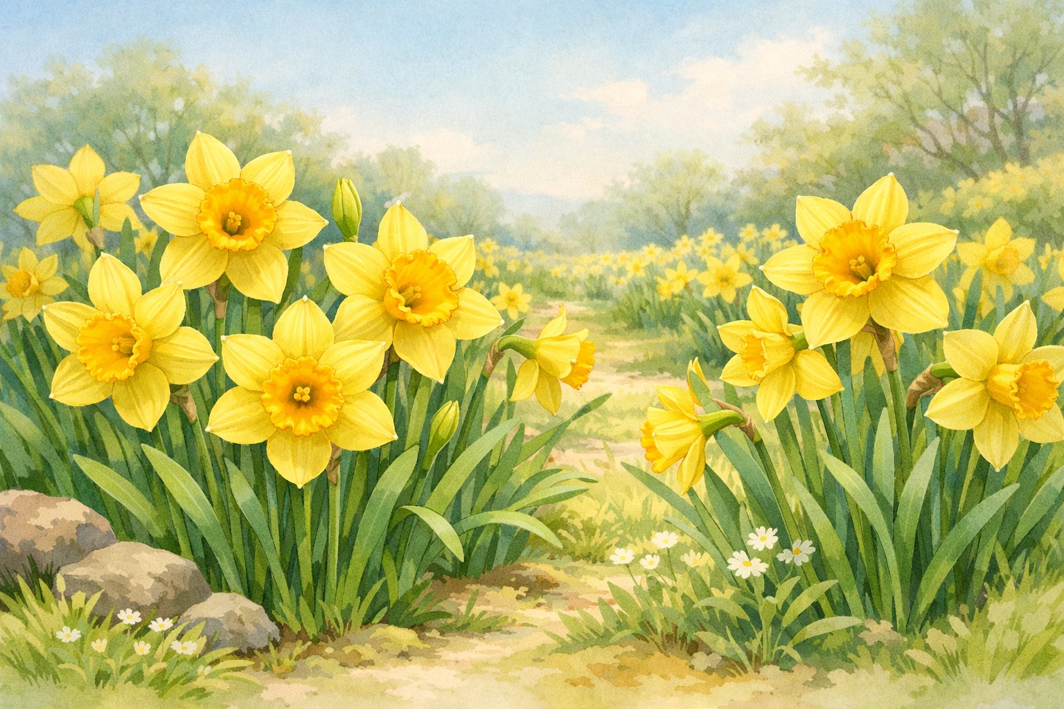 Creation by leesung: Horizontal layout, illustration style image prompt: A wide horizontal illustration of yellow daffodils blooming in early spring, bright yellow trumpet-shaped corona with six petals, soft natural sunlight, gentle green leaves, garden setting, clean botanical illustration, high detail, pastel yet vivid colors, calm background, horizontal composition.