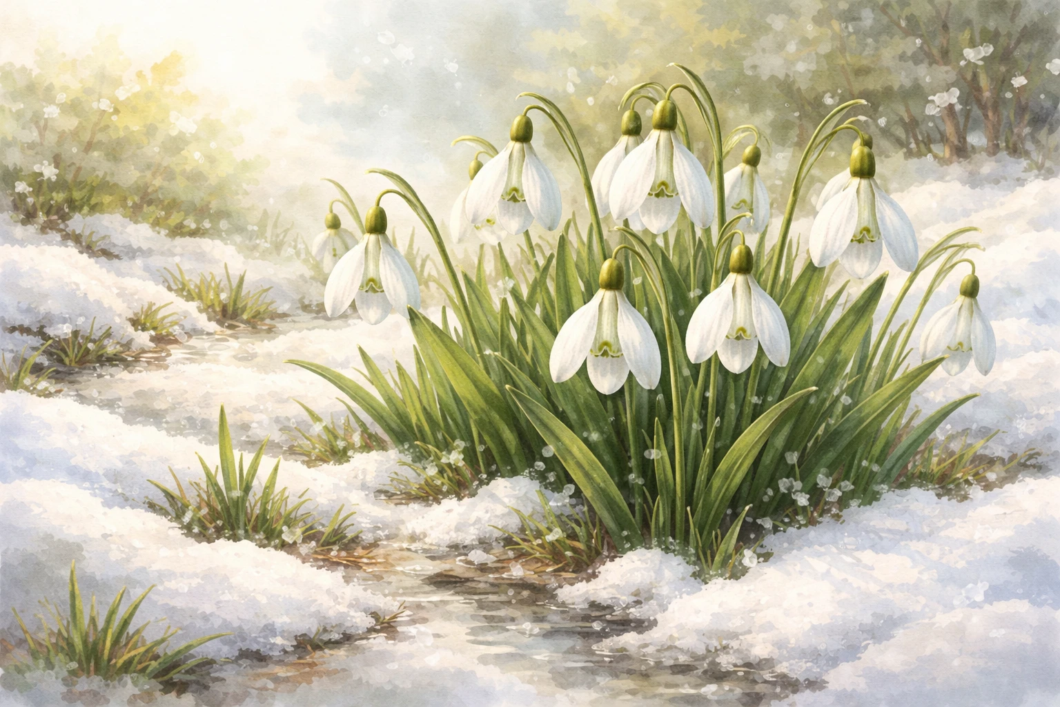 Creation by leesung: A horizontal layout illustration of Snowdrop flowers emerging from melting snow, white bell-shaped blooms with subtle green markings, early spring atmosphere, soft natural light, botanical illustration style, detailed yet gentle, wide composition