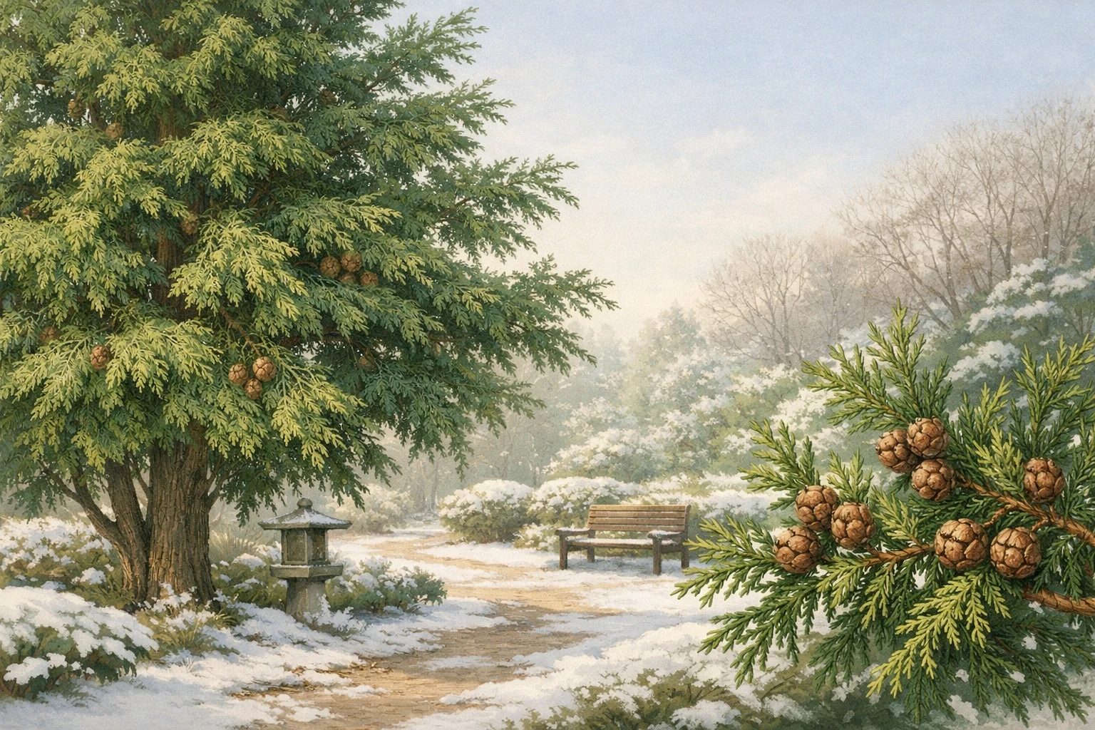 Creation by leesung: Horizontal layout, illustration style, evergreen conifer tree Sawara cypress, winter garden atmosphere, detailed needles and small cones, soft natural light, calm botanical illustration, wide composition