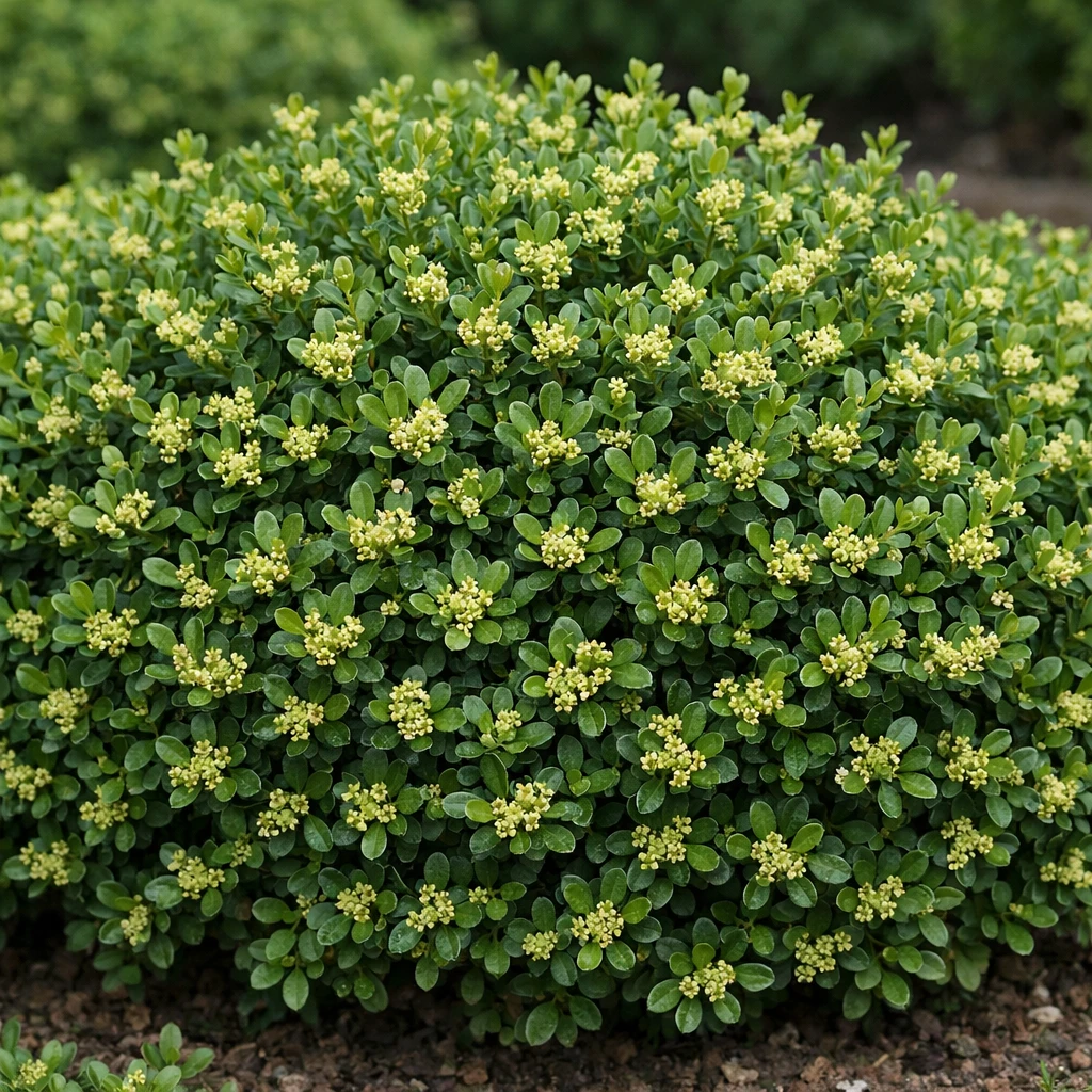 Creation by plants.im: Square composition, ultra-realistic full shot photograph of Korean boxwood (Buxus microphylla var. koreana Nakai ex Rehder) growing naturally in a garden hedge. Dense evergreen foliage with small, rounded leaves and multiple tiny pale yellow-green flowers only evenly distributed among the branches. Natural outdoor daylight, realistic shadows, true botanical proportions. Professional DSLR photography, sharp focus on the whole shrub, softly blurred background. Natural color grading, no stylization, no illustration, no text.