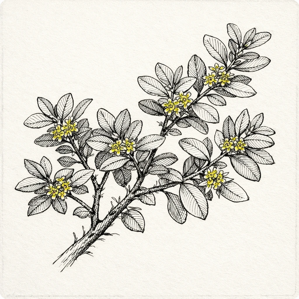 Creation by plants.im: Square composition, hand-drawn botanical sketch of Korean boxwood (Buxus microphylla var. koreana Nakai ex Rehder). Fine pencil and ink linework with detailed leaves and branching structure, featuring small yellow-green flowers only. Subtle cross-hatching and varied line weight, natural imperfections preserved. Vintage botanical field-sketch style on off-white paper background. No color fill except the yellow-green flowers, no text.