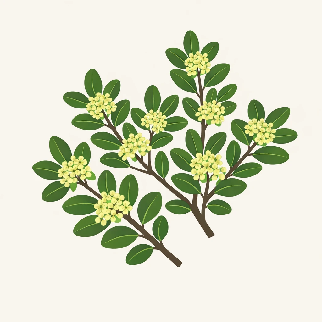Creation by plants.im: Square composition, clean botanical illustration of Korean boxwood (Buxus microphylla var. koreana Nakai ex Rehder). Stylized yet scientifically accurate depiction of branches, small evergreen leaves, and delicate light yellow-green flowers only. Simplified structure, smooth vector-like linework, flat and elegant color palette with minimal shading. Light neutral background, balanced and calm composition. Refined botanical illustration style. No labels, no typography, no text.