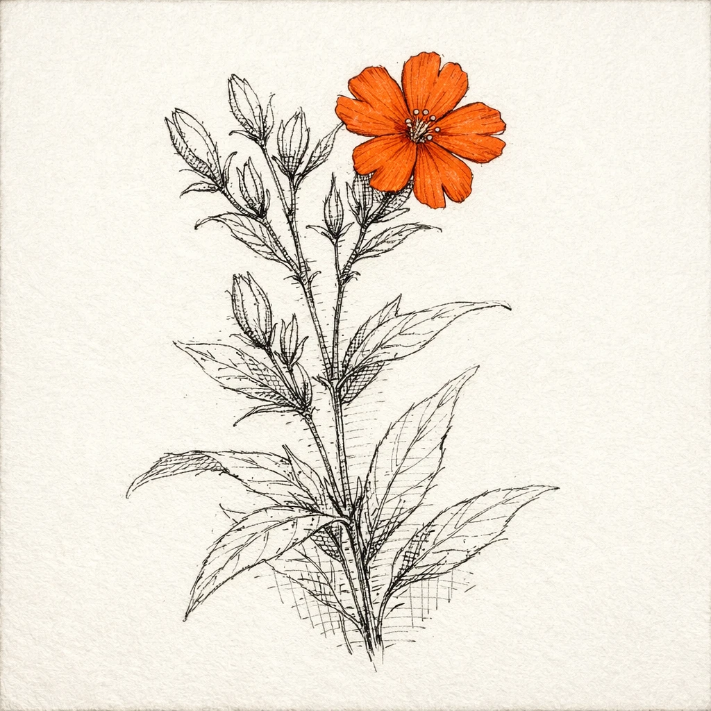 Creation by plants.im: Square composition, hand-drawn botanical sketch of Orange catchfly (Lychnis cognata Maxim.). Fine pencil and ink linework, one deep orange flower only, delicate petal shapes with natural imperfections. Detailed stem and leaves rendered with subtle cross-hatching and varied line weight. Vintage botanical field-sketch style on off-white paper background. No color fill except the deep orange flower, no text.