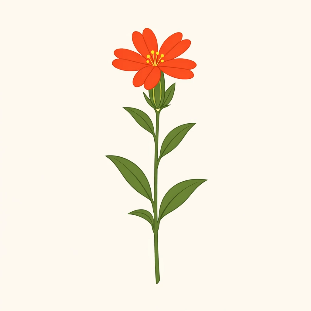 Creation by plants.im: Square composition, clean botanical illustration of Orange catchfly (Lychnis cognata Maxim.). Stylized yet scientifically accurate form, simplified stem and leaf structure, single orange-red flower only. Smooth vector-like linework, flat and elegant color palette, minimal shading. Light neutral background, balanced composition, refined botanical illustration style. No labels, no typography, no text.