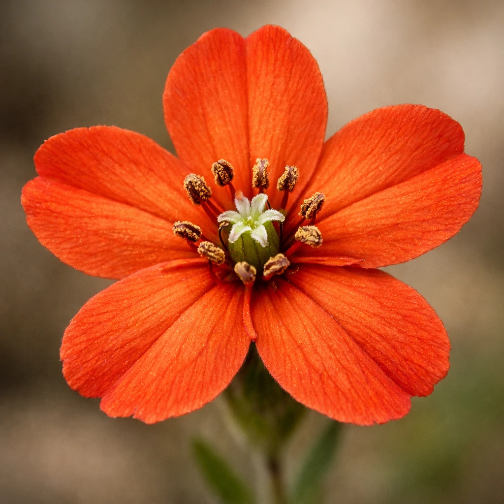 Creation by plants.im: Square composition, ultra-realistic macro close-up of a single Orange catchfly (Lychnis cognata Maxim.) flower. One red-orange bloom only, sharply defined five-petaled structure with fine surface texture and detailed flower center. Extremely shallow depth of field, soft diffused natural light, neutral blurred background. High-resolution botanical macro photography, true-to-life color reproduction. No CGI, no painting, no text.