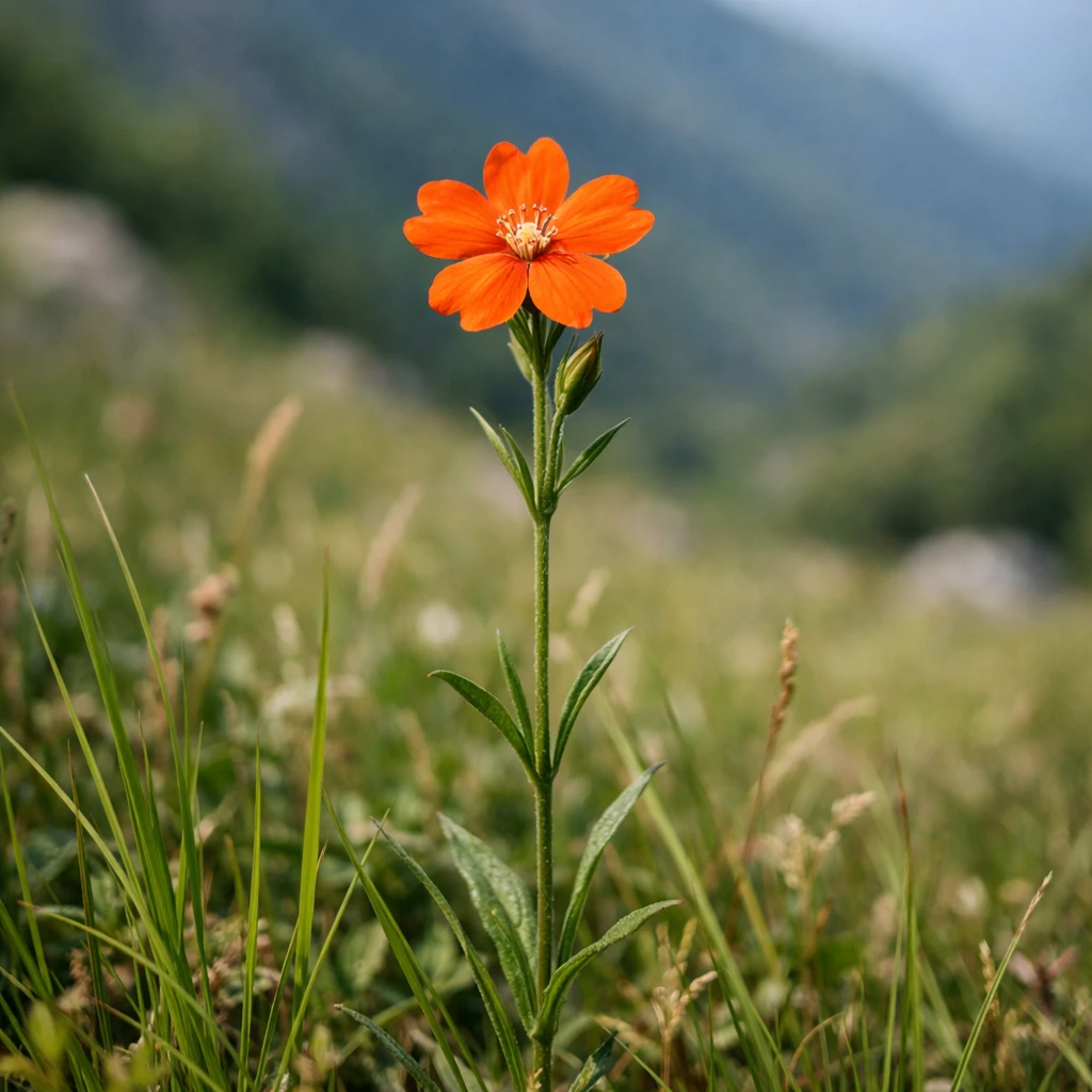 Creation by plants.im: Square composition, ultra-realistic full shot photograph of Orange catchfly (Lychnis cognata Maxim.) growing naturally in a mountain meadow. One vivid orange flower only, slender upright stem with narrow green leaves, flower fully visible in context of surrounding grass. Soft natural summer daylight, realistic shadows, true botanical proportions. Professional DSLR photography, shallow background blur, natural color grading. No illustration, no stylization, no text.