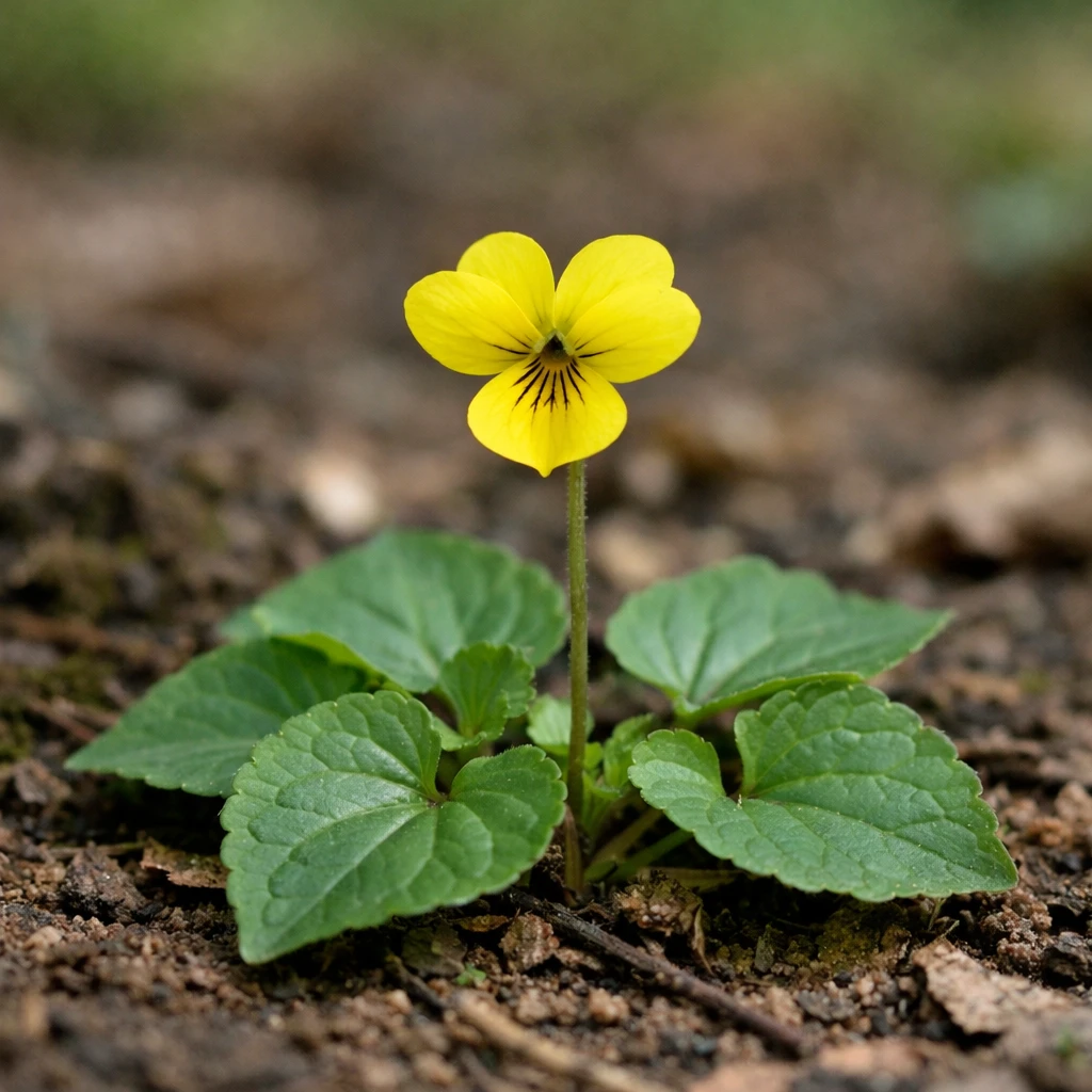 Creation by plants.im: Square composition, ultra-realistic full shot photograph of an Oriental yellow violet (Viola orientalis) growing naturally on a forest floor. One yellow flower only, heart-shaped green leaves spread low to the ground, slender stem clearly visible. Soft natural spring daylight, realistic shadows, true botanical proportions. Professional DSLR photography, shallow background blur, natural color grading. No stylization, no illustration, no text.