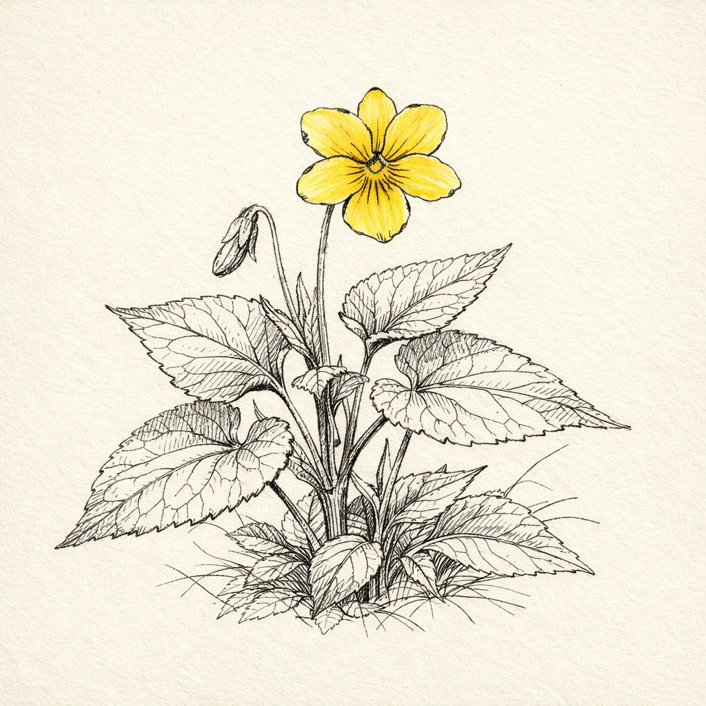 Creation by plants.im: Square composition, hand-drawn botanical sketch of Oriental yellow violet (Viola orientalis). Fine pencil and ink linework, one yellow flower only, delicate petal shapes with natural imperfections. Detailed leaves and stem rendered with subtle cross-hatching and varied line weight. Vintage botanical field-sketch style on off-white paper background. No color fill except the yellow flower, no text.