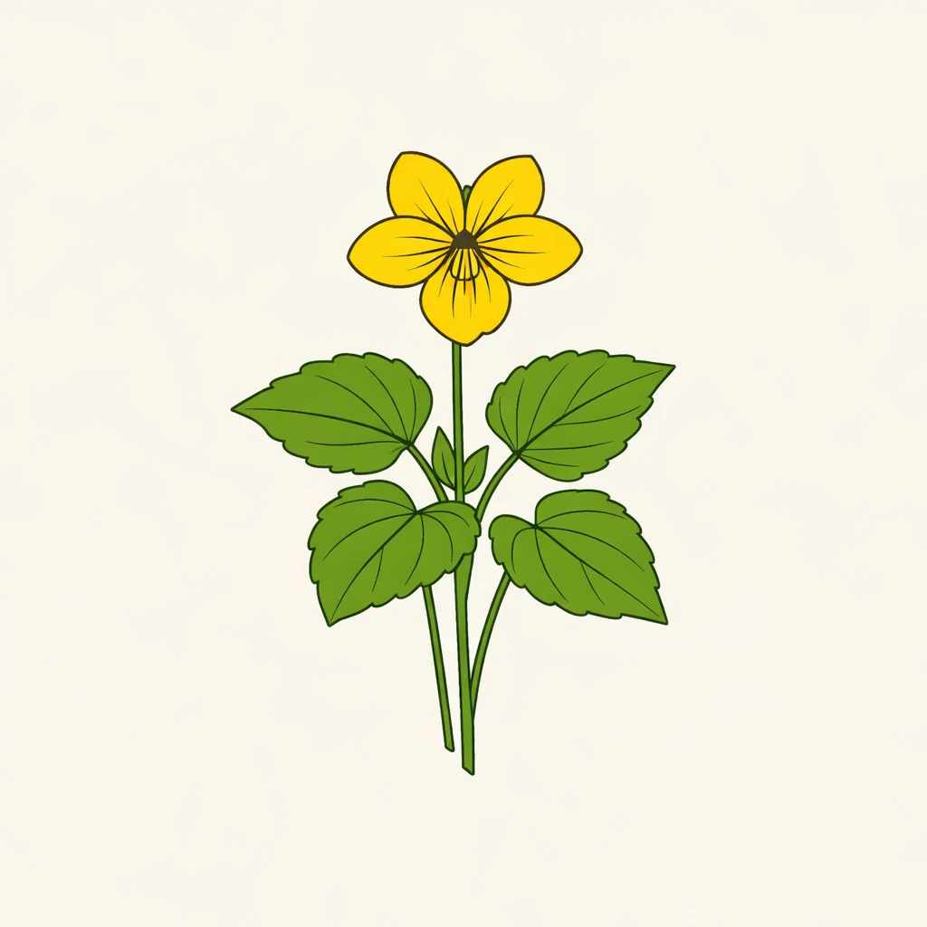 Creation by plants.im: Square composition, clean botanical illustration of Oriental yellow violet (Viola orientalis). Stylized yet scientifically accurate form, simplified stem and leaf structure, single yellow flower only. Smooth vector-like linework, flat and elegant color palette, minimal shading. Light neutral background, balanced composition, refined botanical illustration style. No labels, no typography, no text.