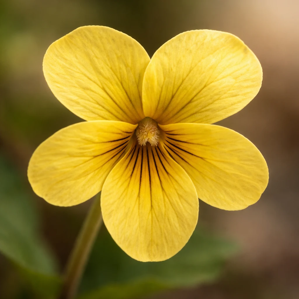 Creation by plants.im: Square composition, ultra-realistic macro close-up of a single Oriental yellow violet (Viola orientalis) flower. One yellow bloom only, fine petal veins and subtle surface texture clearly visible, detailed flower center. Soft diffused natural light, extremely shallow depth of field, neutral blurred background. High-resolution botanical macro photography, true-to-life color reproduction. No CGI, no painting, no text.