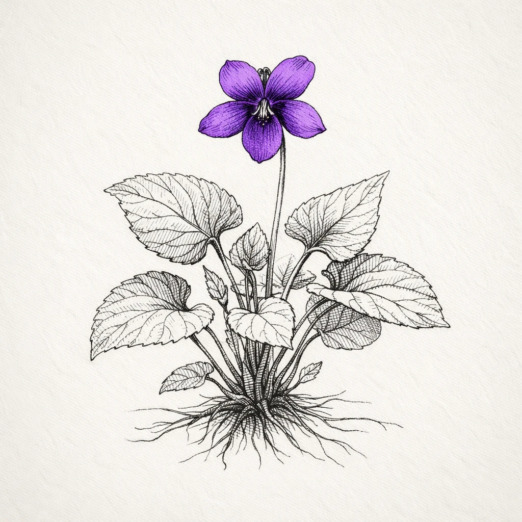 Creation by plants.im: Square composition, hand-drawn botanical sketch of Violet (Viola mandshurica). Fine pencil and ink linework, one violet-purple flower only, delicate petal shapes with natural imperfections. Detailed leaves and stem rendered with subtle cross-hatching and varied line weight. Vintage botanical field-sketch style on off-white paper background. No color fill except the violet-purple flower, no text.