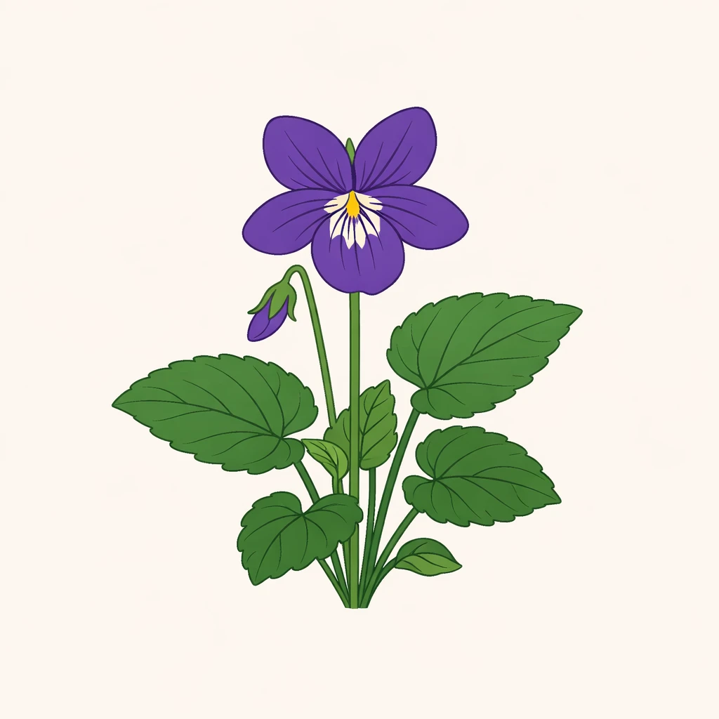 Creation by plants.im: Square composition, clean botanical illustration of Violet (Viola mandshurica). Stylized yet scientifically accurate form, simplified stem and leaf structure, single violet-purple flower only. Smooth vector-like linework, flat and elegant color palette, minimal shading. Light neutral background, balanced composition, refined botanical illustration style. No labels, no typography, no text.
