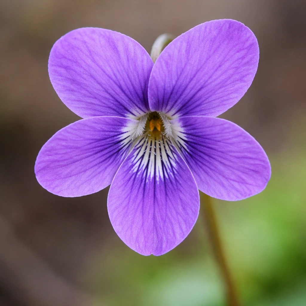 Creation by plants.im: Square composition, ultra-realistic macro close-up of a single Violet (Viola mandshurica) flower. One violet-purple bloom only, delicate petal veins and subtle surface texture clearly visible, fine details at the flower center. Soft diffused natural light, extremely shallow depth of field, neutral blurred background. High-resolution botanical macro photography, true-to-life color reproduction. No CGI, no painting, no text.