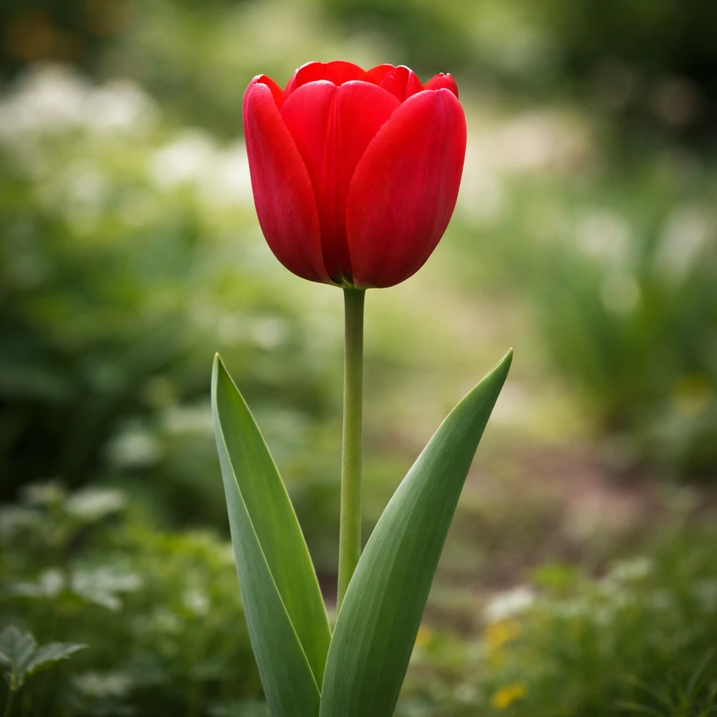 Creation by plants.im: Square composition, ultra-realistic full shot photograph of a single red Tulip (Tulipa gesneriana L.) growing upright in a natural garden setting. One fully bloomed red flower only, smooth curved petals with realistic texture, long green stem and leaves visible. Natural spring daylight, soft shadows, true botanical proportions, shallow background blur. Professional DSLR photography, natural color grading, no stylization, no illustration, no text.