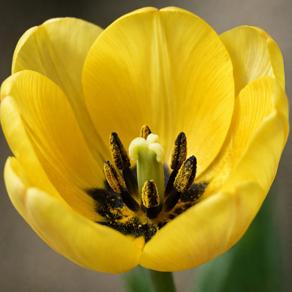 Creation by plants.im: Square composition, ultra-realistic macro close-up of a yellow Tulip (Tulipa gesneriana L.) flower. One yellow bloom only, detailed petal veins, subtle translucency, fine pollen details at the center. Soft diffused natural light, extremely shallow depth of field, high-resolution botanical macro photography. Neutral blurred background, true-to-life color reproduction, no CGI, no painting, no text.