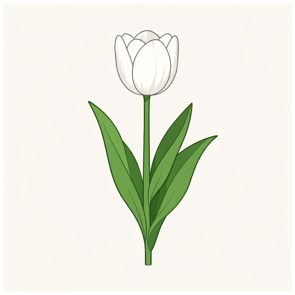 Creation by plants.im: Square composition, clean botanical illustration of a white Tulip (Tulipa gesneriana L.). Stylized yet scientifically accurate form, simplified stem and leaf structure, single white flower only. Smooth vector-like linework, flat and elegant color palette, minimal shading. Light neutral background, balanced composition, refined botanical illustration style. No labels, no typography, no text.