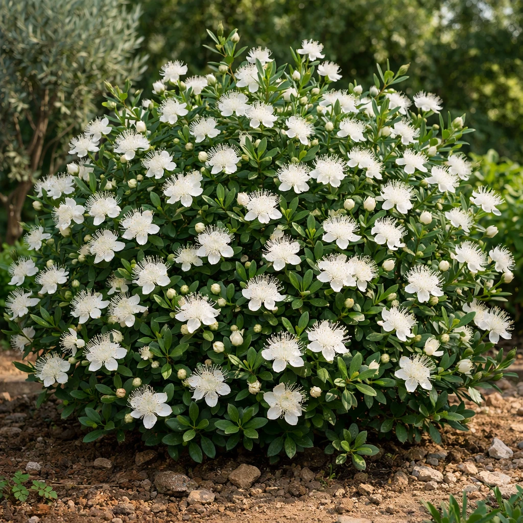 Creation by plants.im: Square composition, ultra-realistic full shot photograph of Common Myrtle (Myrtus communis) growing naturally in a Mediterranean garden.
Dense evergreen shrub with glossy dark green leaves, numerous fully opened pure white flowers only, each with prominent long stamens.
Natural outdoor daylight, soft realistic shadows, visible soil and surrounding foliage.
Professional DSLR photography, moderate depth of field, true botanical proportions.
No other flower colors, no illustration, no CGI, no text.