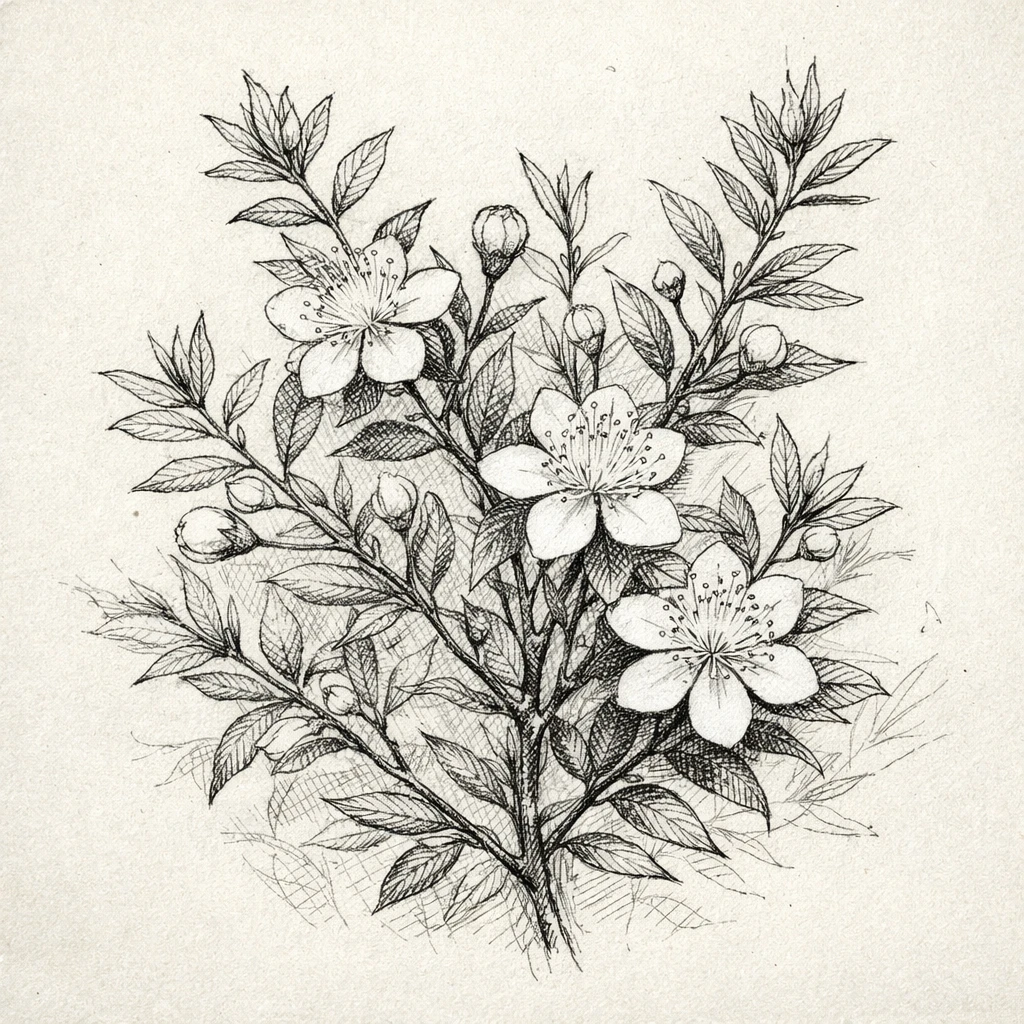 Creation by plants.im: Square composition, hand-drawn botanical sketch of Common Myrtle (Myrtus communis).
Fine pencil and ink linework illustrating slender branches, small evergreen leaves, and open pure white flowers only.
Natural variation in line weight, subtle cross-hatching for depth and form.
Vintage botanical field-sketch aesthetic on off-white paper background.
Restrained coloring applied only to the white flowers, no text, no labels, no additional colors.