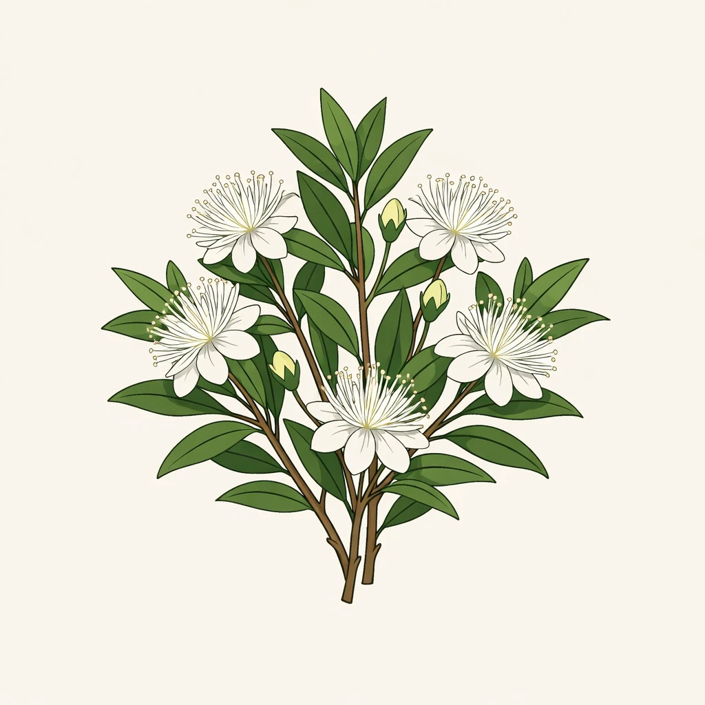 Creation by plants.im: Square composition, clean botanical illustration of Common Myrtle (Myrtus communis). Scientifically accurate depiction of woody stems, narrow glossy leaves, and several pure white flowers only with radiating stamens. Refined precise linework, flat and restrained color palette, minimal shading. Centered balanced composition on a light neutral background, educational botanical plate style. No labels, no typography, no text, no extra colors.