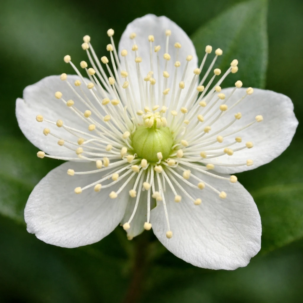 Creation by plants.im: Square composition, ultra-realistic macro close-up of a single Common Myrtle (Myrtus communis) flower. One fully opened pure white flower only, detailed radial stamens and central ovary clearly visible, fine petal texture emphasized. Extremely shallow depth of field, softly blurred green leaf background, diffused natural light. High-resolution botanical macro photography, true-to-life color and detail. No CGI, no painting, no text, no additional flower colors.