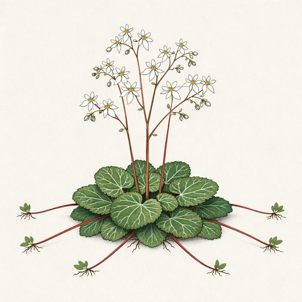 Creation by plants.im: Square composition, clean botanical illustration of Strawberry begonia (Saxifraga stolonifera). Scientifically accurate depiction of basal rosette leaves, long red runners, and slender flowering stems bearing small pure white flowers only. Refined precise linework, flat and restrained color palette, minimal shading. Centered balanced composition on a light neutral background, educational botanical plate style. No labels, no typography, no text, no extra colors.