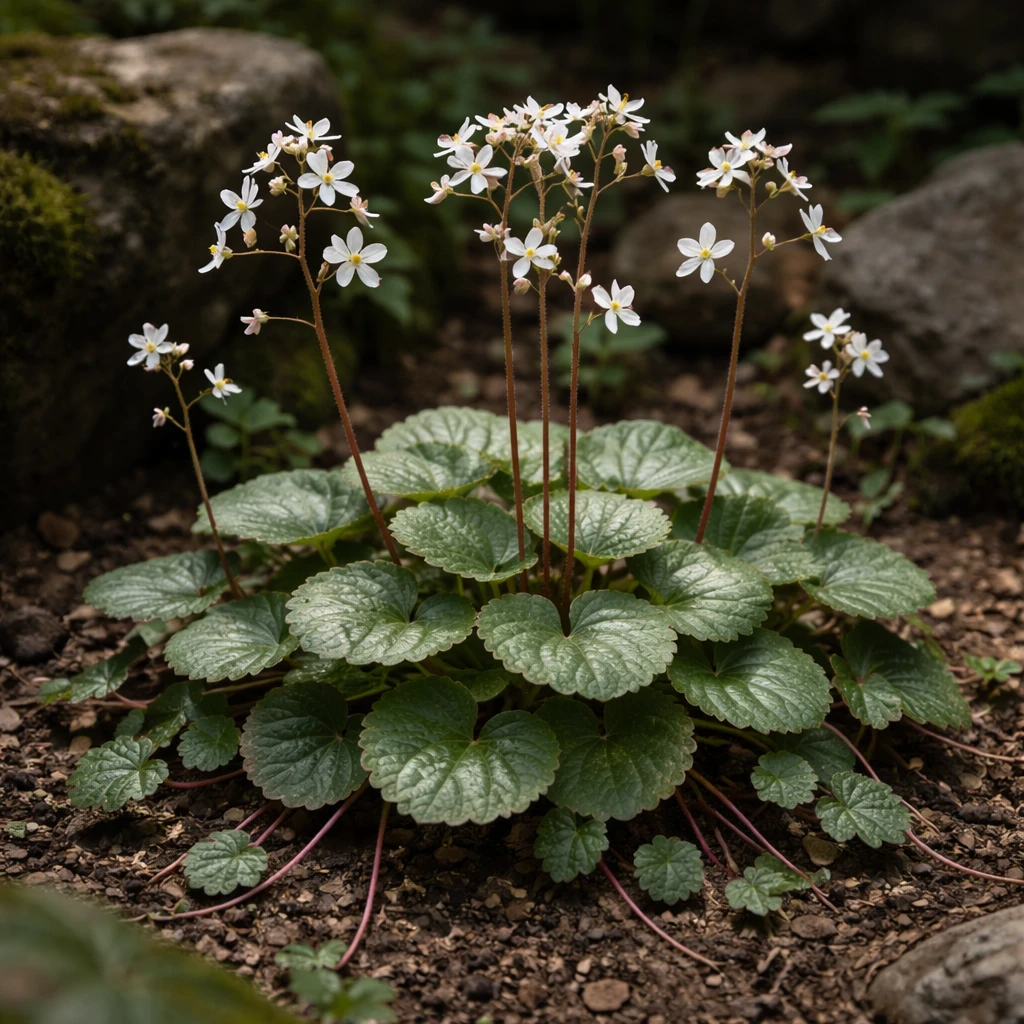 Creation by plants.im: Square composition, ultra-realistic full shot photograph of Strawberry begonia (Saxifraga stolonifera) growing naturally in a shaded garden setting.
Low rosette of round, textured green leaves with visible silver veins and reddish runners spreading outward, topped with several small pure white flowers only on thin upright stems.
Soft diffused natural light, realistic shadows, natural soil and rock background.
Professional DSLR photography, moderate depth of field, true-to-life color reproduction.
No illustration, no CGI, no text, no other flower colors.