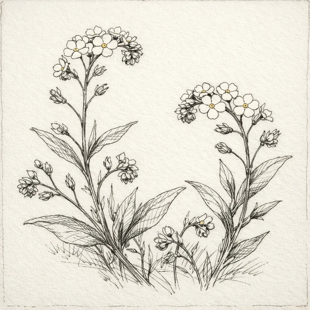 Creation by plants.im: Square composition, hand-drawn botanical sketch of Forget-me-not (Myosotis scorpioides). Fine pencil and ink linework illustrating delicate stems, narrow leaves, and small pure white flowers only. Natural imperfections in line weight, subtle cross-hatching for depth and form. Vintage botanical field-sketch aesthetic on off-white paper. Restrained coloring applied only to the white flowers, no text, no labels, no additional colors.