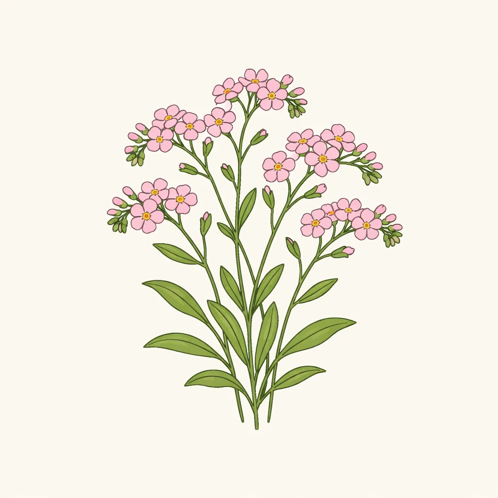 Creation by plants.im: Square composition, clean botanical illustration of Forget-me-not (Myosotis scorpioides). Scientifically accurate depiction of thin branching stems, narrow leaves, and small soft pink flowers only arranged in a gentle cluster. Refined precise linework, flat and restrained color palette, minimal shading. Centered composition on a light neutral background, educational botanical plate style. No labels, no typography, no text, no extra colors.