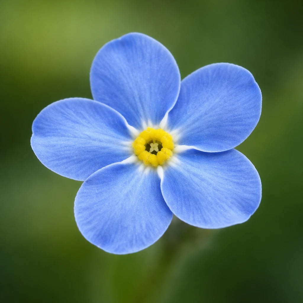 Creation by plants.im: Square composition, ultra-realistic macro close-up of a single Forget-me-not (Myosotis scorpioides) flower.
One fully opened bright blue flower only, with a distinct yellow center and delicate petal texture clearly visible.
Extremely shallow depth of field, softly blurred green background, diffused natural light.
High-resolution botanical macro photography, true-to-life color and detail.
No painting, no CGI, no text, no additional flower colors.