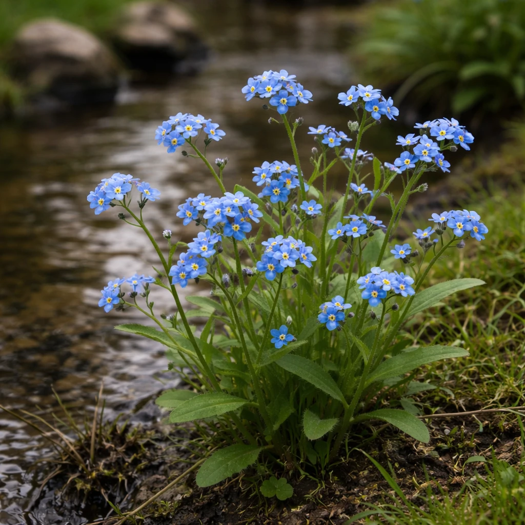Creation by plants.im: Square composition, ultra-realistic full shot photograph of Forget-me-not (Myosotis scorpioides) growing naturally beside a shallow stream. Slender green stems with small clusters of vivid sky-blue flowers only, each flower showing a clear yellow eye at the center. Natural outdoor daylight, soft realistic shadows, visible moist soil and grass. Professional DSLR photography, moderate depth of field, true botanical proportions. No illustration, no CGI, no text, no other flower colors.