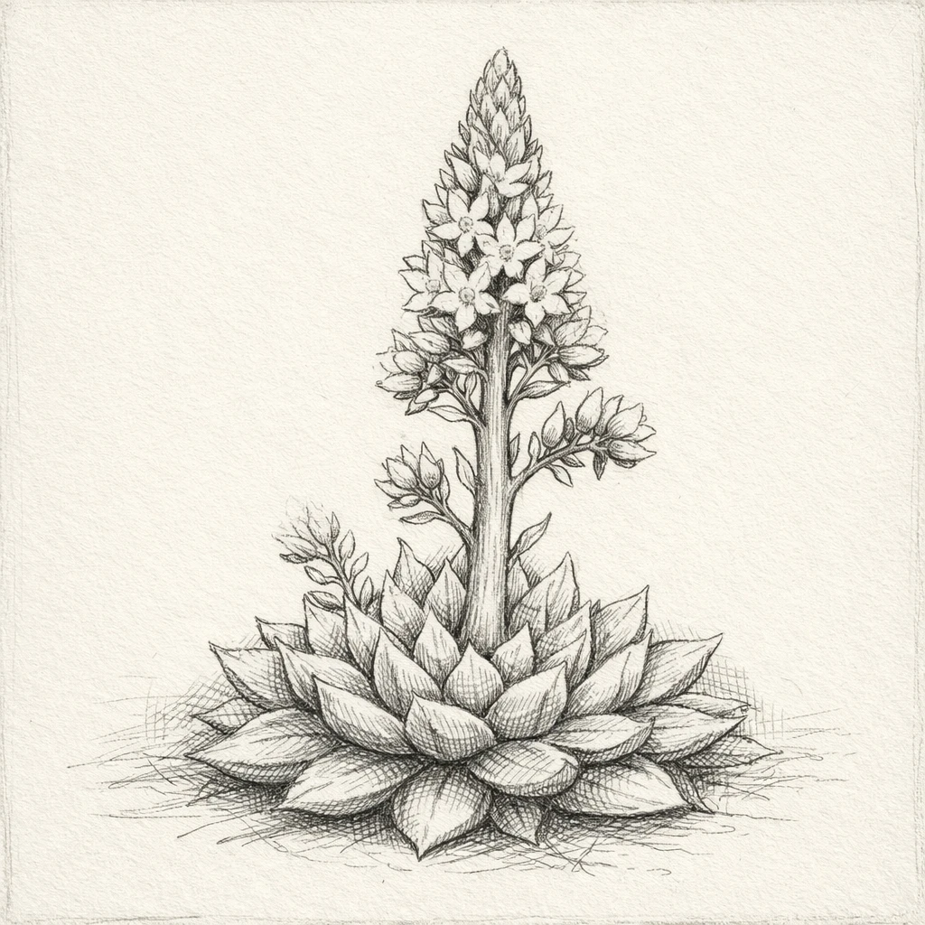 Creation by plants.im: Square composition, hand-drawn botanical sketch of Rock pine (Orostachys japonica).
Fine pencil and ink linework illustrating compact basal rosette and elongated flowering stalk.
Subtle cross-hatching for form and depth, vintage botanical field-sketch aesthetic on off-white paper.
Restrained coloring applied only to the pale white flowers, leaves rendered in monochrome linework.
No text, no labels, no additional flower colors.