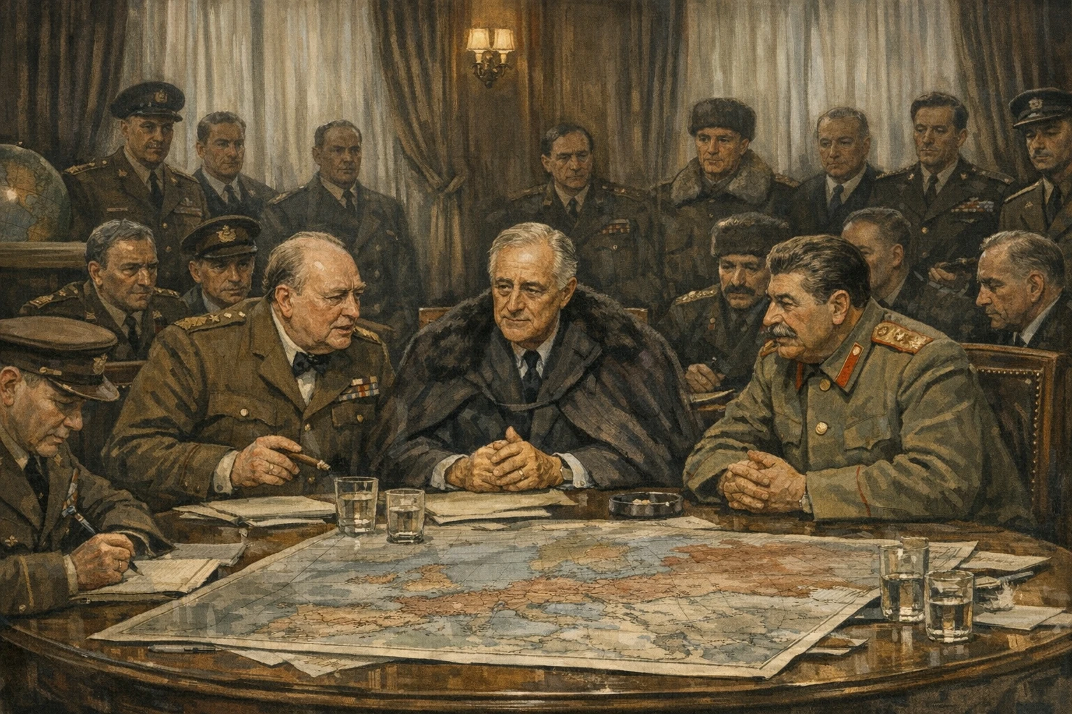 Creation by bday.now: A wide horizontal illustration depicting the Yalta Conference held on February 4, 1945, during the final stages of World War II. The scene is set inside a formal conference room in Yalta, Crimea, with heavy curtains, large wooden tables, maps of Europe spread across the surface, and subdued indoor lighting. At the center, Franklin D. Roosevelt, Winston Churchill, and Joseph Stalin are seated together, engaged in serious discussion, their expressions focused, cautious, and reflective of the immense responsibility they bear. Surrounding them are military officers, diplomats, and aides in period-accurate World War II–era attire, quietly observing and taking notes. The atmosphere conveys gravity, strategic calculation, and the shaping of a new global order with long-lasting consequences. Realistic historical illustration style, accurate 1940s clothing and interior details, muted wartime color palette, balanced and restrained composition, no text, no modern elements, documentary-style historical illustration, wide aspect ratio.