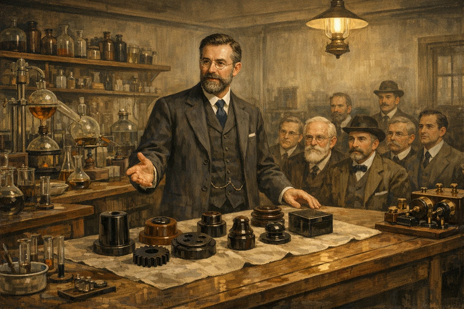 Creation by bday.now: A wide horizontal illustration depicting the moment of Leo Baekeland presenting Bakelite, the world’s first fully synthetic plastic, on February 5, 1909. The scene takes place in an early 20th-century laboratory and presentation space, filled with wooden workbenches, glass beakers, chemical apparatus, and early electrical components. At the center, Baekeland stands beside a table displaying dark, solid Bakelite samples molded into simple industrial forms, such as electrical sockets or insulators. Warm indoor lighting highlights the contrast between traditional materials and the new synthetic substance, symbolizing a technological breakthrough. In the background, a small audience of engineers and scientists in period-accurate attire observe attentively, suggesting the birth of a new industrial era. The atmosphere conveys innovation, curiosity, and the dawn of modern material science. Clean, detailed historical illustration style, accurate early 1900s laboratory equipment, realistic proportions, muted vintage color palette, no text, no modern elements, documentary-style science illustration, wide aspect ratio.