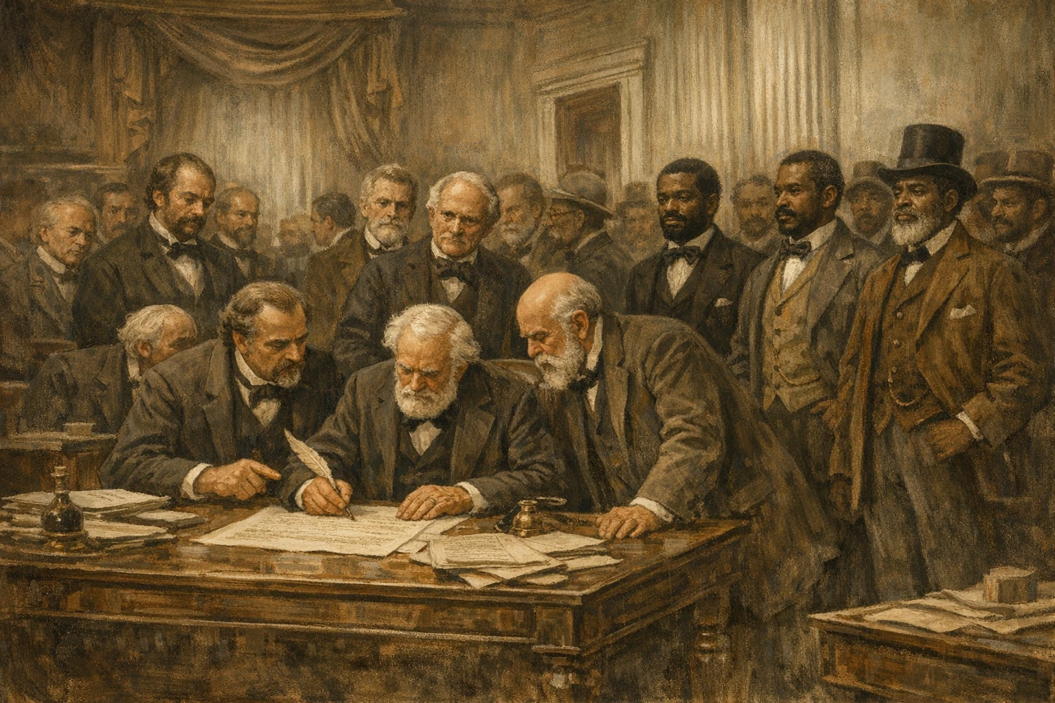 Creation by bday.now: A wide horizontal illustration depicting the ratification of the Fifteenth Amendment to the United States Constitution on February 3, 1870. The scene is set in a dignified post–Civil War government interior, with lawmakers gathered around large wooden desks covered in official documents and parchment. At the center, a formal ratification document is being finalized, symbolizing the constitutional guarantee that voting rights cannot be denied based on race, skin color, or previous condition of servitude. In the background, African American men in period-accurate late 19th-century attire stand among the crowd, observing the moment with quiet pride, hope, and solemn anticipation of civic participation. The atmosphere conveys progress, gravity, and restrained optimism, reflecting both the achievement and the unfinished struggle for equal rights. Historically accurate 1870s clothing and architecture, realistic human expressions, muted earth-tone color palette, balanced composition, no text, no modern elements, documentary-style historical illustration, wide aspect ratio.