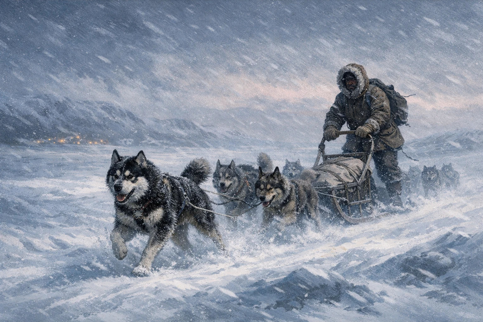 Creation by bday.now: A wide horizontal illustration depicting the final stage of the 1925 serum run to Nome, Alaska, during the deadly diphtheria outbreak. The scene shows a vast frozen Alaskan landscape under harsh winter conditions, with blowing snow, strong winds, and a pale twilight sky. At the center, a determined dog sled team races across the icy terrain, led by the sled dog Balto, whose posture conveys strength, endurance, and resolve. The musher stands firmly on the sled, bundled in heavy winter gear, guiding the team through extreme cold and low visibility. In the distance, faint lights of the town of Nome glow softly, symbolizing hope and the lives waiting to be saved. The atmosphere emphasizes sacrifice, urgency, and heroism in the face of nature’s brutality. Clean, detailed illustration style, realistic animal anatomy and motion, historically accurate 1920s sled equipment and clothing, cold muted color palette, dynamic snow movement, no text, no modern elements, documentary-style historical illustration, wide aspect ratio.
