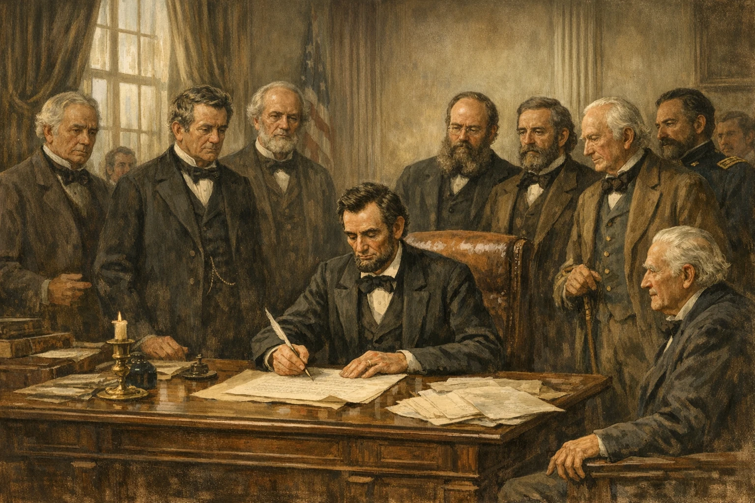 Creation by bday.now: A wide horizontal illustration depicting President Abraham Lincoln signing the Thirteenth Amendment to the United States Constitution, formally abolishing slavery. The scene is set inside a solemn 19th-century government chamber in Washington, D.C., with wooden desks, parchment documents, and soft daylight filtering through tall windows. Abraham Lincoln is seated at a large wooden desk, pen in hand, carefully signing the historic document, his expression calm, determined, and reflective. Surrounding him are a small group of statesmen and observers in period-accurate mid-19th-century attire, watching quietly with a sense of gravity and historical importance. The atmosphere conveys justice, transformation, and the weight of a defining moment in human rights history. Realistic historical illustration style, accurate 1860s clothing and interior details, natural muted color palette, painterly yet precise, no text, no modern elements, documentary-style historical illustration, wide aspect ratio.