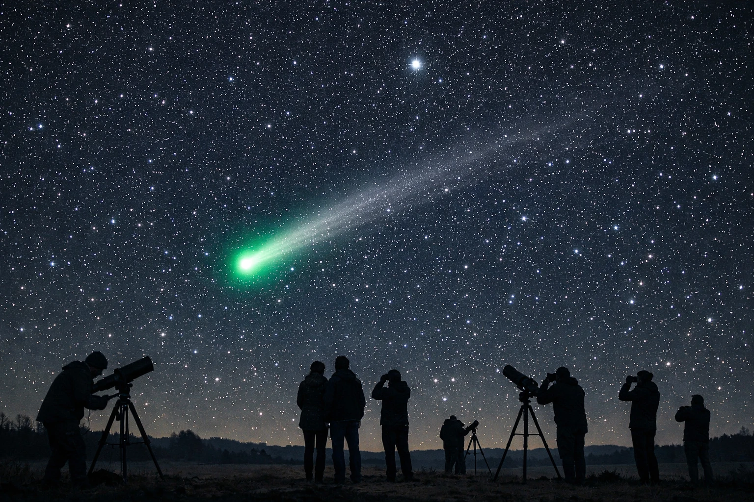 Creation by bday.now: A wide horizontal illustration depicting the historic close approach of comet C/2022 E3 (ZTF) to Earth on February 2, 2023. The scene shows a deep, clear night sky with countless stars, centered around the region near Polaris in the northern sky. A bright comet with a distinct glowing green coma and a long, faint tail stretches diagonally across the sky, its color subtly illuminating nearby stars. Below, small silhouettes of astronomers and civilians stand on a quiet open landscape, using telescopes and binoculars to observe and record the rare celestial event. The atmosphere feels calm, awe-inspiring, and scientific, emphasizing human curiosity and the scale of the universe. Clean, detailed illustration style, realistic proportions, natural astronomical colors, no text, no futuristic elements, documentary-style space illustration, high clarity, wide aspect ratio.