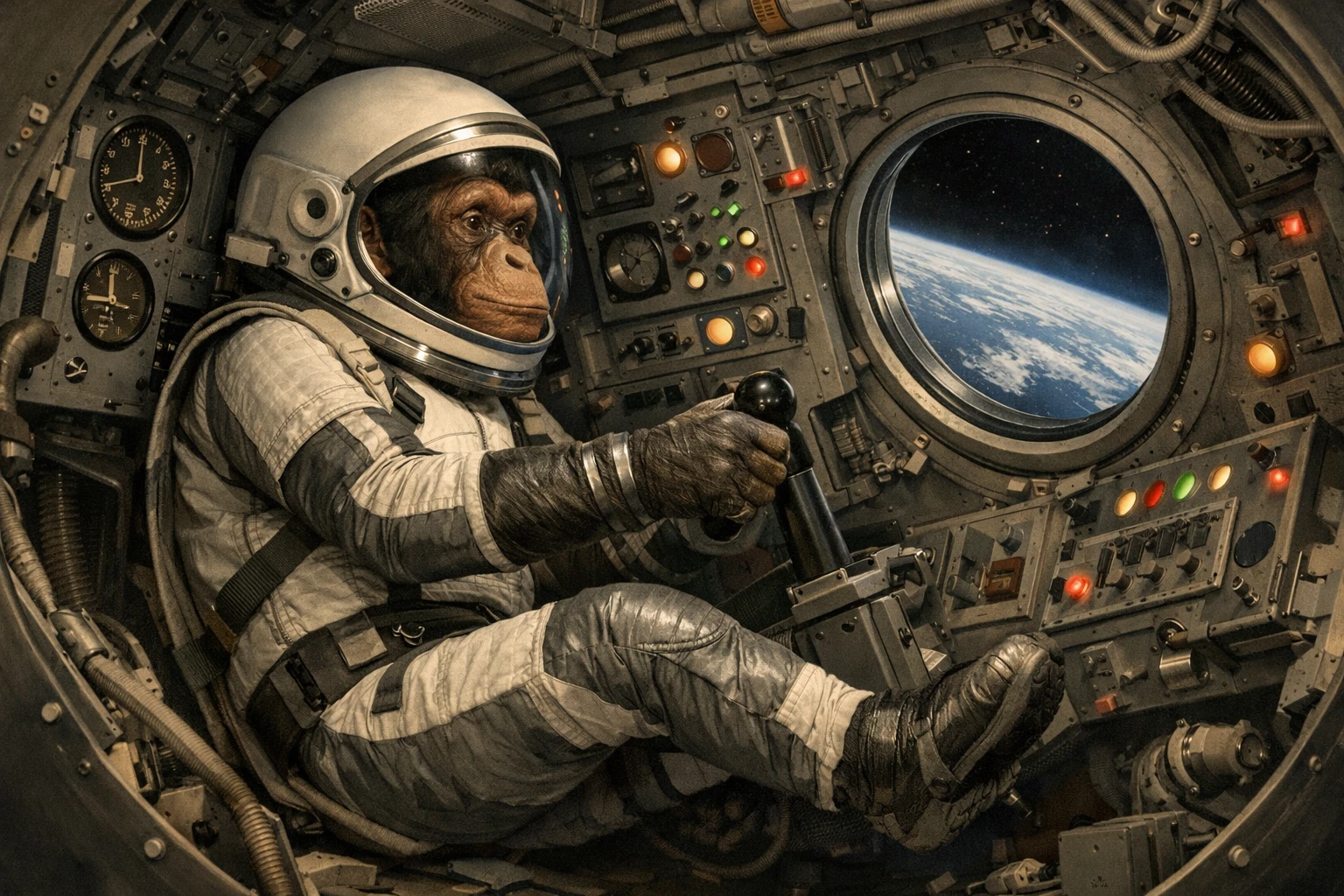 Creation by bday.now: A wide horizontal illustration depicting the historic spaceflight of chimpanzee Ham aboard Mercury-Redstone 2 on January 31, 1961. The scene is set inside a compact Mercury capsule interior, floating in space above Earth. Ham, wearing a fitted early-era space suit and helmet, is shown calmly operating a control lever in a weightless environment, with subtle body suspension and gentle motion indicating zero gravity. Control panels with simple analog instruments surround him, illuminated by soft indicator lights typical of early 1960s spacecraft design. Through a small capsule window, the curvature of Earth is visible against the dark backdrop of space. The overall mood is focused, historic, and scientific, emphasizing pioneering experimentation and human-led space exploration foundations. Clean, detailed illustration style, realistic proportions, historically accurate spacecraft design, muted vintage color palette, no text, no futuristic elements, documentary-style space illustration, wide aspect ratio.