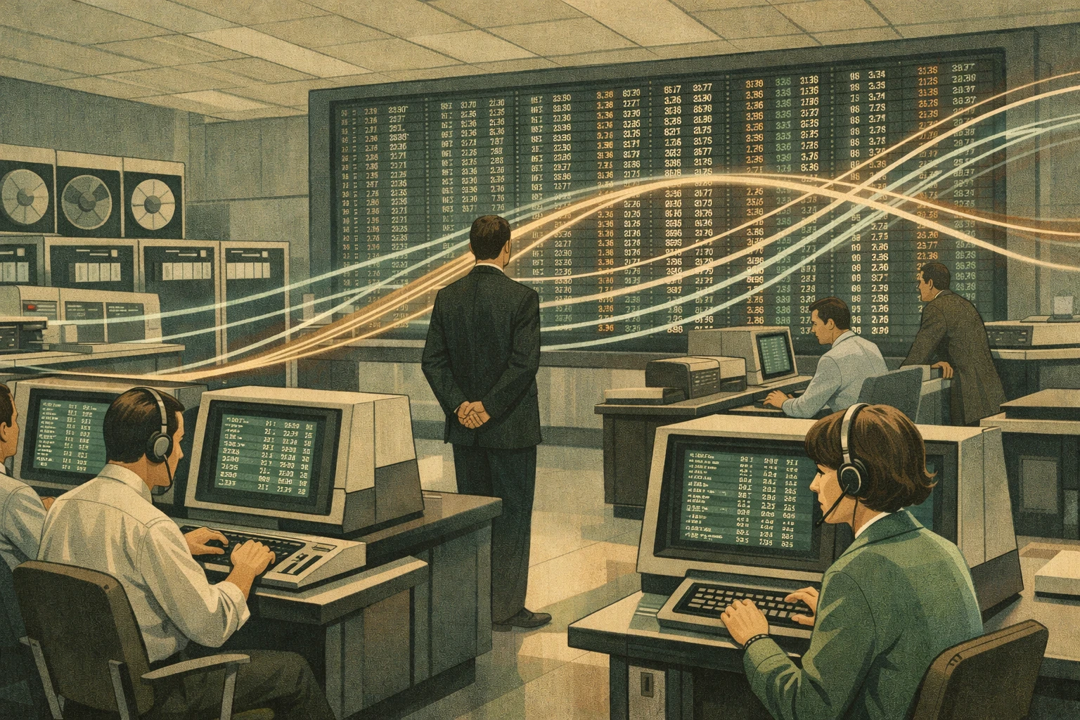 Creation by bday.now: A wide horizontal illustration representing a pivotal moment in financial history: the launch of the world’s first electronic stock market in the early 1970s. Inside a modern-for-its-time financial operations room, large mainframe computers and monochrome terminals display streams of numerical stock quotes, symbolizing automated price calculation. Financial analysts and operators observe the screens rather than trading on a physical exchange floor, highlighting the shift away from traditional open-outcry trading. Abstract lines of data flow connect computers and terminals, suggesting transparency, efficiency, and the rise of technology-driven markets. The atmosphere is calm, methodical, and transformative, emphasizing a new financial paradigm shaped by digital systems. Clean, detailed illustration style, non-photorealistic, editorial and documentary-inspired, restrained color palette with vintage technological tones, no text, no futuristic exaggeration, wide aspect ratio.