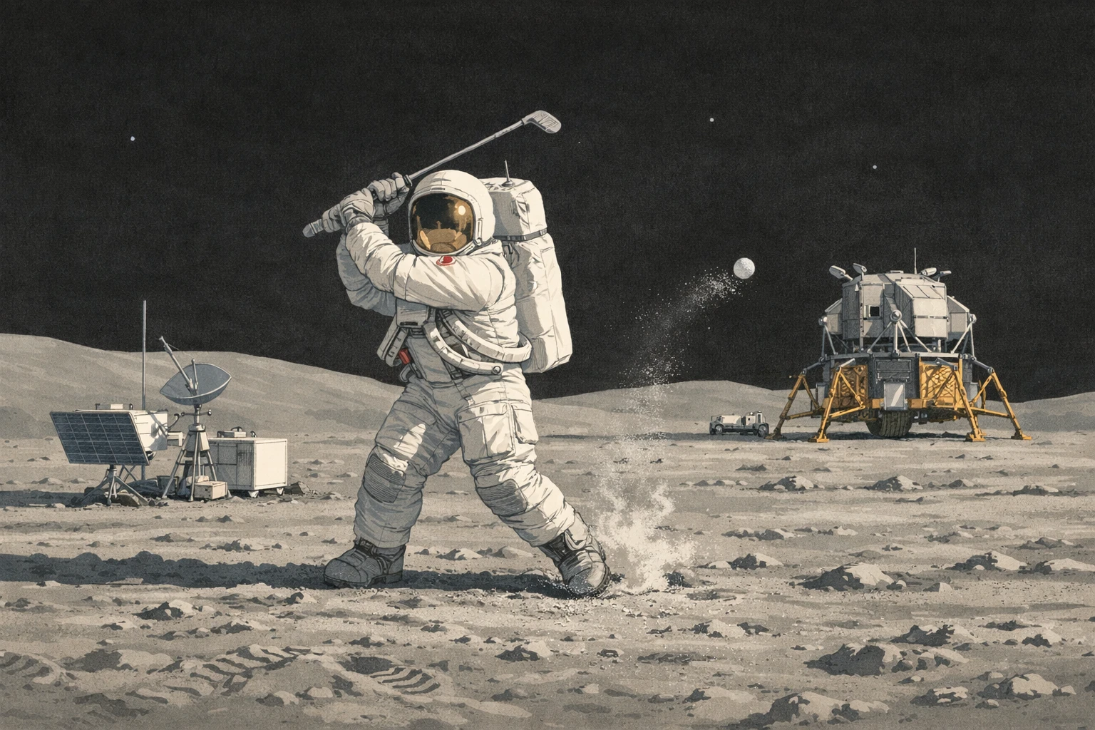 Creation by bday.now: A wide horizontal illustration depicting a historic and lighthearted moment in human space exploration: an Apollo-era astronaut on the lunar surface performing a golf swing. The astronaut wears a bulky Apollo 14 spacesuit, captured mid-swing with a makeshift golf club adapted from scientific equipment, as a small golf ball lifts gently off the Moon’s dusty surface, emphasizing low gravity. The gray lunar regolith stretches across the foreground, marked with footprints and subtle textures, while the deep blackness of space fills the background. Nearby lunar equipment and the distant Lunar Module provide scientific context. The mood balances human curiosity, humor, and technical achievement within a serious exploration mission. Clean, detailed illustration style, non-photorealistic, documentary-inspired space illustration, realistic proportions without cinematic exaggeration, muted lunar color palette, no text, wide aspect ratio.