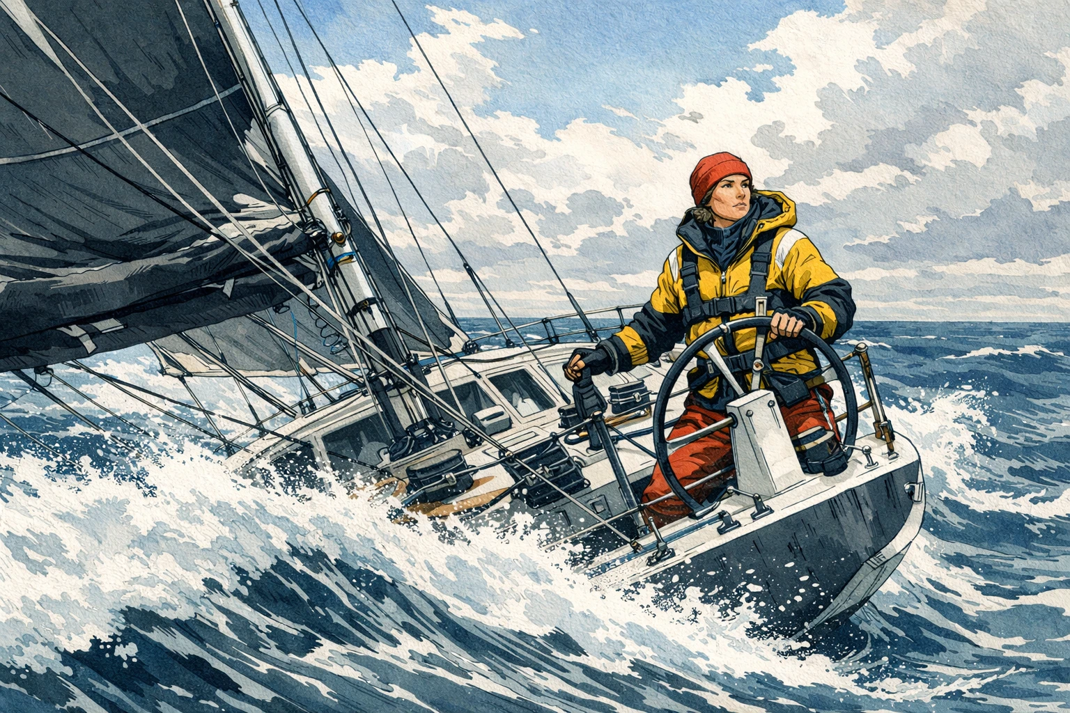 Creation by bday.now: A wide horizontal illustration capturing a historic moment in solo sailing: a determined female sailor alone on a high-performance racing yacht cutting through the open Southern Ocean. The yacht leans sharply as powerful waves crash against the hull, white spray sweeping across the deck, emphasizing speed and endurance. The sailor stands confidently at the helm in weathered sailing gear, focused and resolute, symbolizing human perseverance and mastery of the sea. The vast ocean stretches endlessly toward the horizon under a dramatic sky of moving clouds and cold light, conveying isolation, scale, and achievement. Clean, detailed illustration style, painterly and editorial, no photorealism, no cinematic effects, no text, natural but slightly stylized colors, documentary-inspired maritime illustration, dynamic motion, wide aspect ratio.