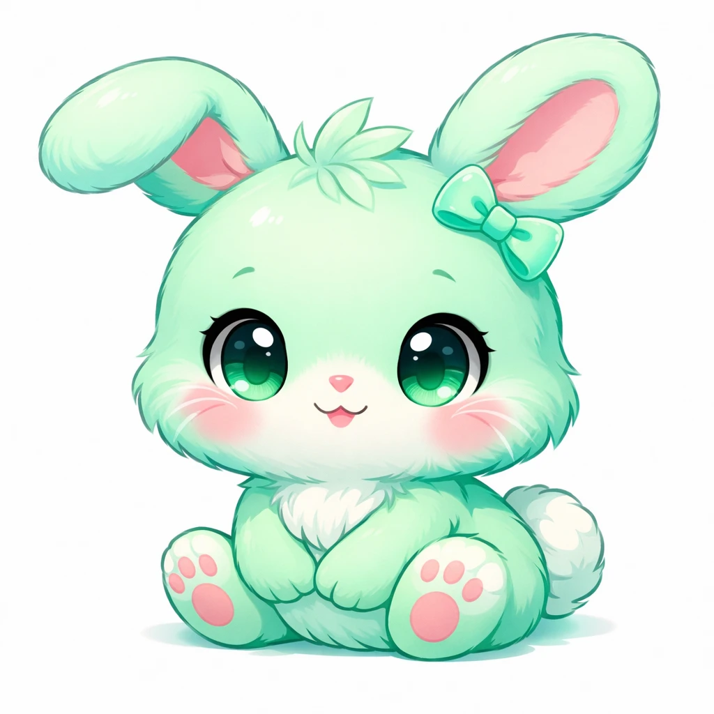 Creation by chibi: Adorable Mint Rabbit illustration, SD character, white background