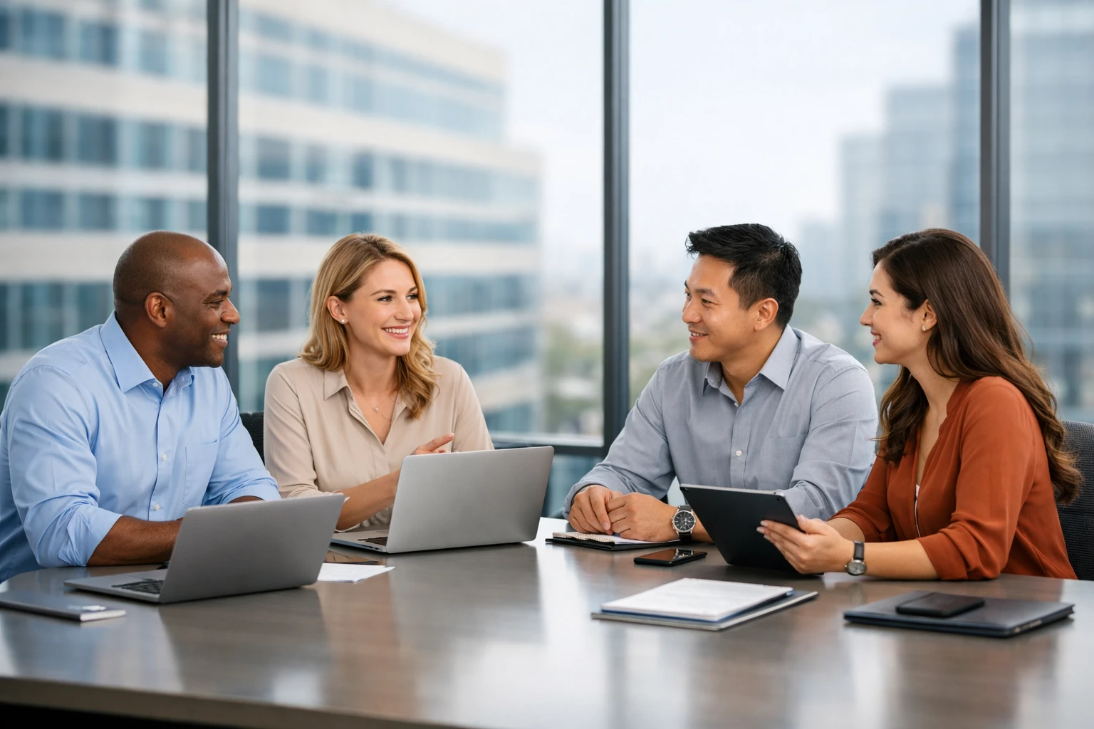 Creation by gigaposts: A wide-angle, high-quality photograph of a modern, clean, and bright professional corporate office interior during the daytime. The focus is on a group of diverse professionals in business casual attire collaborating around a sleek conference table with laptops and tablets. In the background, large floor-to-ceiling windows show a blurred cityscape with a modern office building, representing a global business environment. The lighting is natural and sophisticated, conveying a sense of progress and professional technology investment. No logos or specific brand names are visible, horizontal layout.