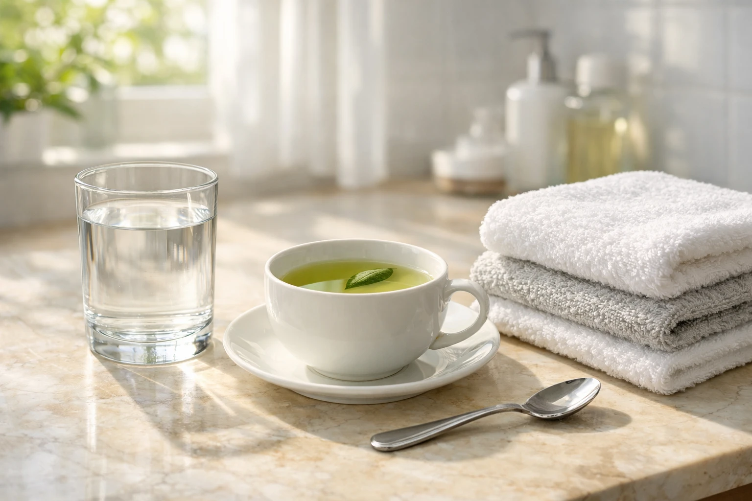 Creation by gigaposts: A high-quality, realistic photo of a clean, modern bathroom counter. On the wooden or marble surface, there are a glass of clear water, a fresh green tea cup, a chilled silver spoon, and a small pile of fresh towels. The lighting is bright and natural morning sunlight coming through a window, creating a refreshing and calm atmosphere. No people, no brand logos, professional photography style, horizontal layout.