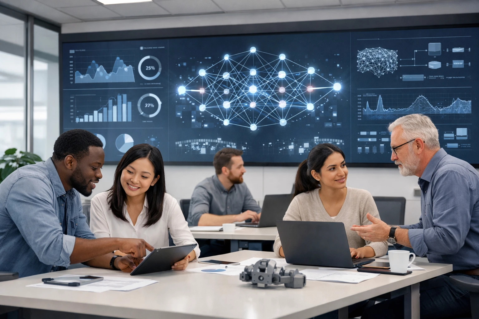 Creation by gigaposts: A professional and modern office environment where diverse engineers are collaborating. In the background, a large screen displays clean, abstract data visualizations and neural network structures. The setting is bright and realistic, featuring contemporary workplace furniture and minimalist design, focusing on the synergy between humans and advanced technology without any specific branding, horizontal layout.