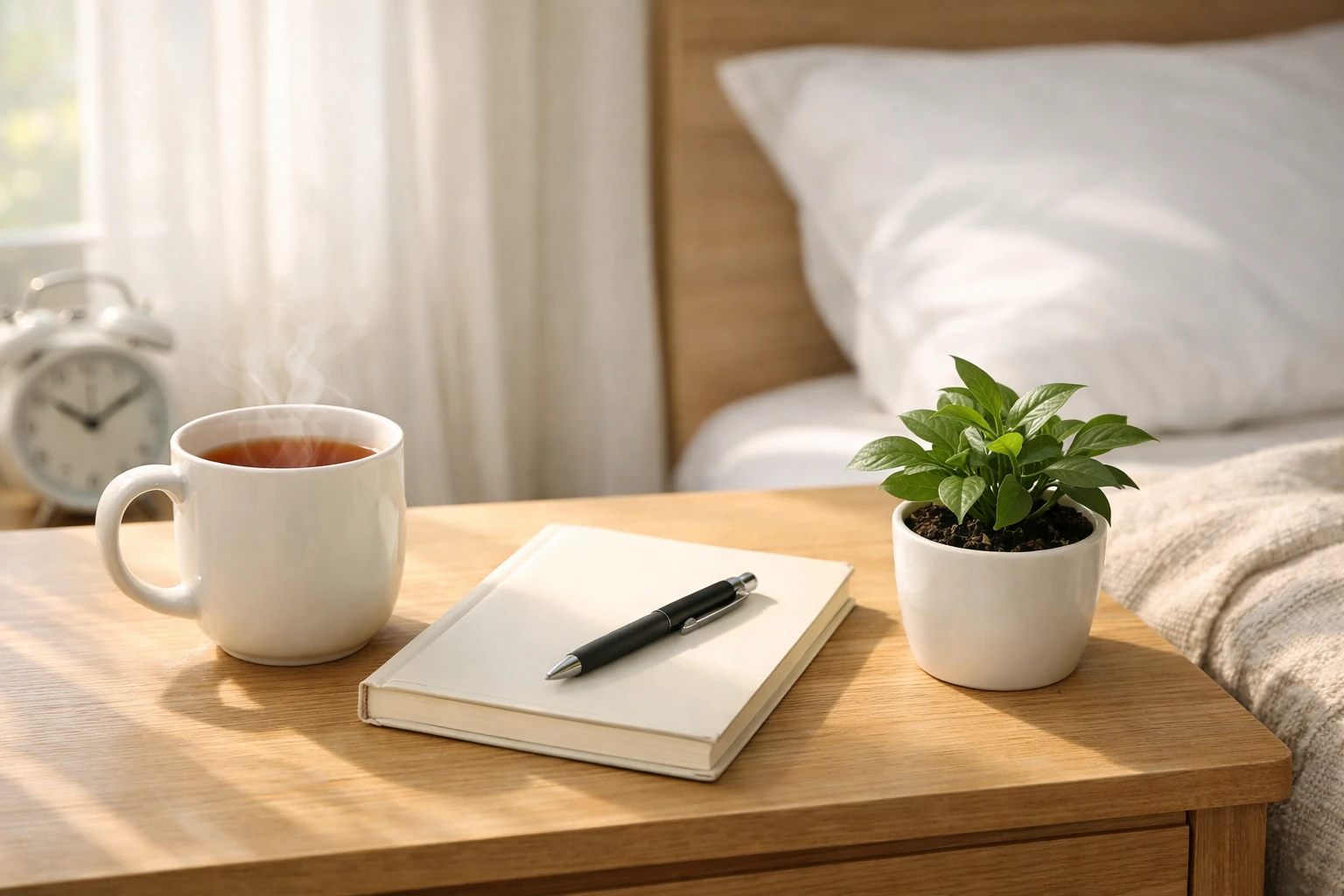 Creation by gigaposts: A bright and cozy bedroom interior in the morning with soft natural sunlight streaming through a window. On a clean wooden bedside table, there is a ceramic mug of steaming tea, a simple minimalist notebook with a pen, and a small green potted plant. The atmosphere is calm, peaceful, and organized, reflecting a modern and realistic lifestyle. High quality, photorealistic style, horizontal layout.