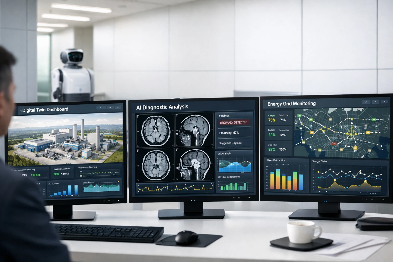 Creation by gigaposts: A professional and modern photograph of a high-tech control center showing various AI application interfaces. The scene includes a sleek dashboard displaying a 3D digital twin of a factory, a medical diagnostic screen with clear brain scan analysis, and a real-time energy grid monitoring map. In the background, a subtle, clean-lined service robot moves through a minimalist corridor. The lighting is natural and bright, conveying a sense of efficiency, safety, and advanced technology in a contemporary workplace environment. No futuristic or sci-fi elements, horizontal layout.