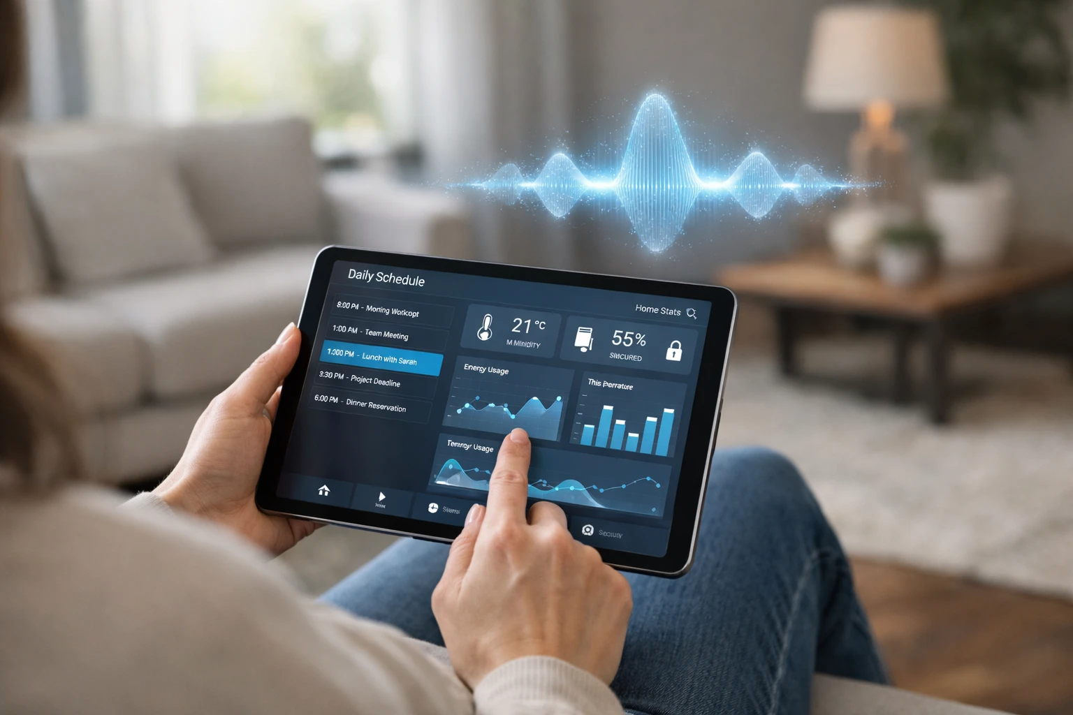Creation by gigaposts: A professional and modern interior of a bright living room where a person is naturally interacting with a sleek smart home tablet. The screen displays a clean user interface with a daily schedule and data charts. In the background, a subtle holographic visual represents a digital assistant or voice waves, looking realistic and grounded. High-quality photography, natural daylight, soft focus on the background, 8k resolution.