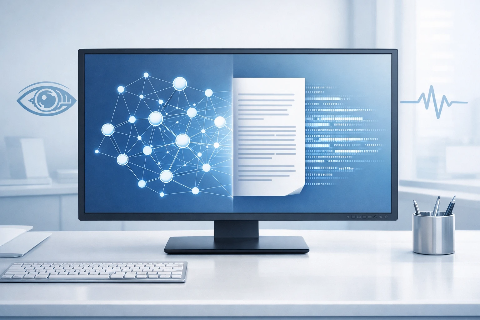 Creation by gigaposts: A clean and professional conceptual illustration representing modern AI technologies. The scene features a high-definition monitor displaying abstract data nodes and a document being scanned into digital text. Subtle icons representing a digital eye and a pulse wave are integrated into a minimalist office setting. The color palette consists of soft corporate blue, white, and silver. No futuristic sci-fi elements or branded products, horizontal layout.